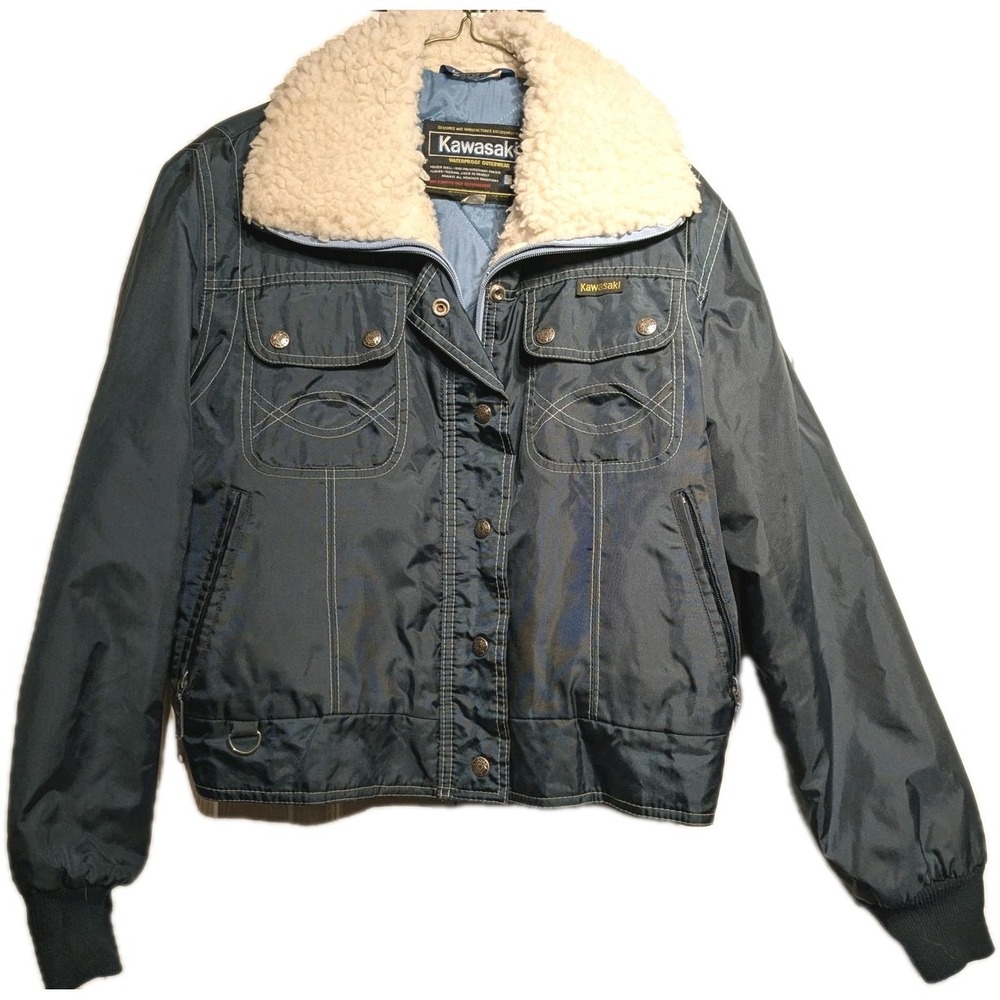 Rare Vtg Kawasaki Jacket Unisex S-M? Waterproof Bomber Sherpa Collar Motorcycle